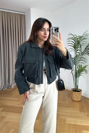 Antrasit Torba Cep Detaylı Kaşe Bomber