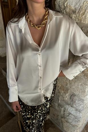 Olente Kırık Beyaz Saten Gömlek