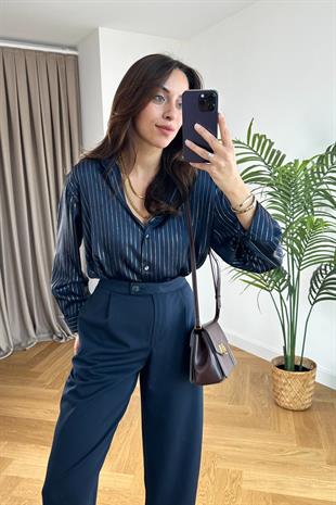 Putine Lacivert Çizgili Saten Gömlek