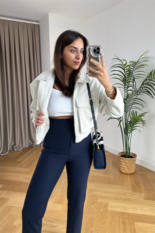 Ekru Torba Cep Detaylı Kaşe Bomber