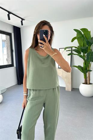 Tara Haki Beli Bağlamalı Bluz Pantolon Takım