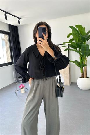 Enika Siyah Keten Önü Bağlamalı Bluz