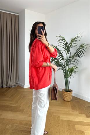 Oxi Kırmızı Dökümlü Gömlek