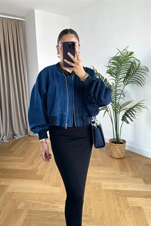 Kontrast Renkli Denim Bomber Ceket