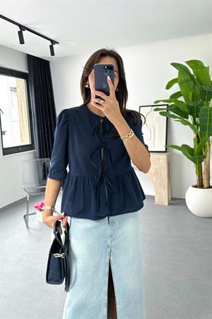 Lonte Lacivert Bağlama Detaylı Bluz