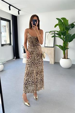 Tulla Leopar Desenli İp Askılı Tül Elbise