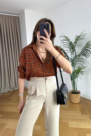 Kiremit Siyah Desenli Saten Gömlek