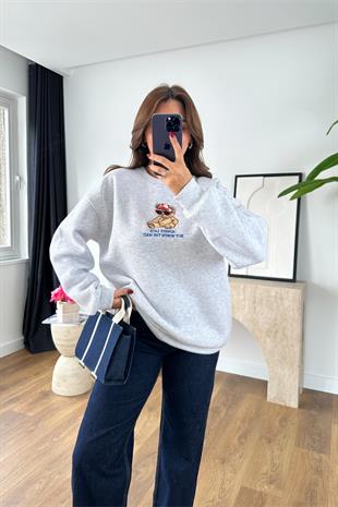 Teddy Gri Baskılı Oversize Sweatshirt