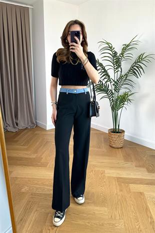 Paqo Beli Jean Detaylı Siyah Pantolon