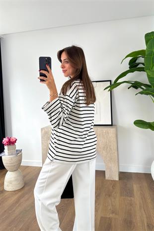 Cesina Beyaz Siyah Çizgili Bisiklet Yaka Sweatshirt