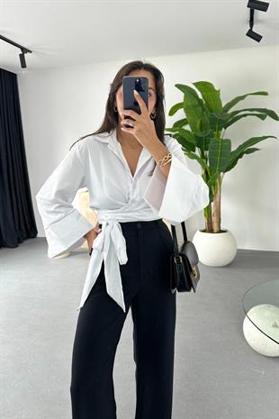 Porse Beyaz Beli Bağlamalı Gömlek