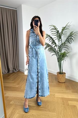 ZR Mavi Yıkamalı Denim Kuşaklı Elbise