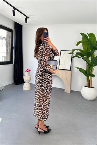 Fiste Leopar Desenli İç Astarlı Elbise