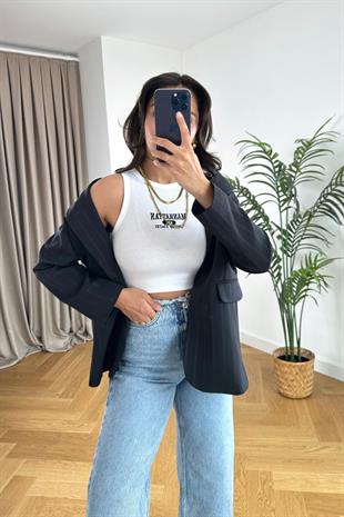 Manhattan Baskılı Beyaz Halter Yaka Atlet