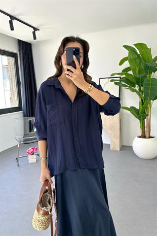 Denta Lacivert Kendinden Çizgili Gömlek