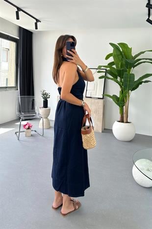 Loves Lacivert Halter Yaka Gabardin Elbise