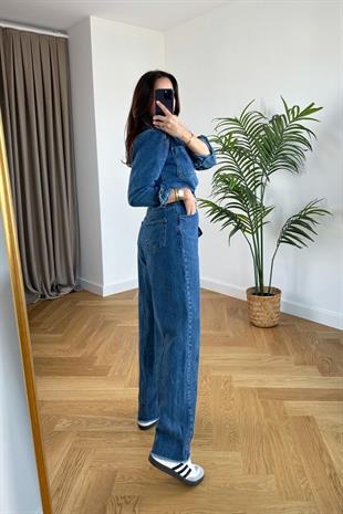 Koyu Lacivert Paça Detaylı Denim Tulum
