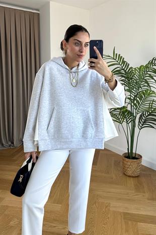 Zaren Gri Çift Kumaş Detaylı Sweatshirt