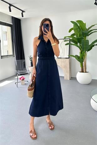 Loves Lacivert Halter Yaka Gabardin Elbise