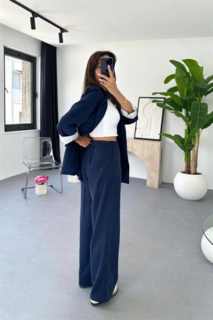 Dosy Lacivert Blazer Ceket Palazzo Pantolon Takım