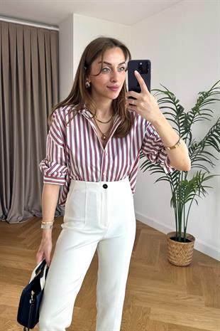 Luny Kırmızı Lacivert Çizgili Gömlek