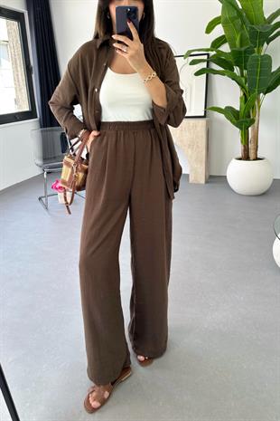 Garnie Kahve Keten Gömlek Pantolon Takım