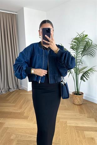 Kontrast Renkli Denim Bomber Ceket