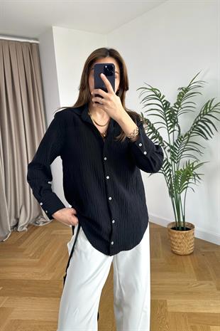 Monde Siyah Kendinden Çizgi Dokulu Gömlek