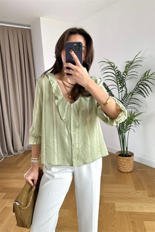 Mint Yeşili Çizgi Detaylı Fırfır Gömlek
