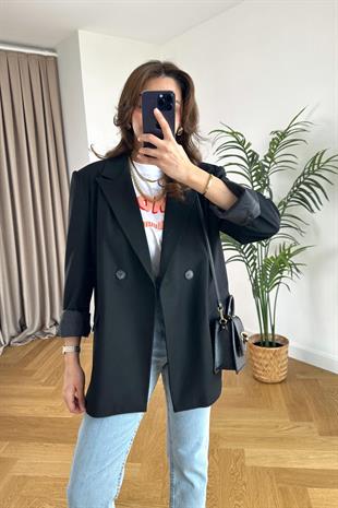 Olessa ZR Siyah Çift Düğme Detaylı Premium Blazer