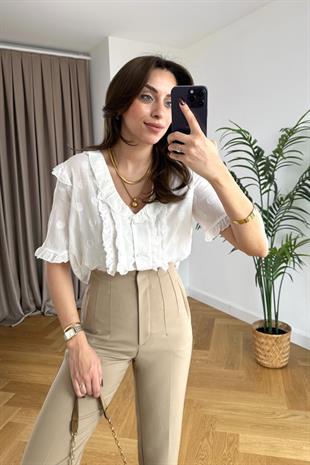 Olla Ekru Fırfırlı Şifon Gömlek 