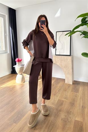 Sevsan Kahve Garnili Modal Sweatshirt Pantolon Takım