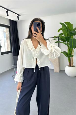 Enika Beyaz Keten Önü Bağlamalı Bluz