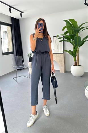 Mona Antrasit Beli Bağlamalı Bluz Pantolon Takım