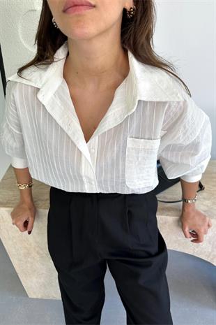Rio Beyaz Kendinden Çizgili Gömlek