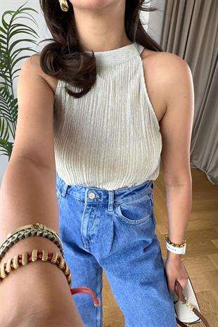 Reas Bej Halter Yaka Bluz