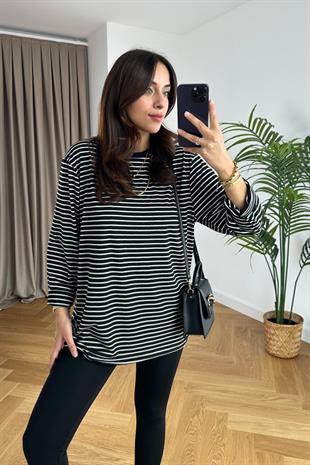 Siyah Beyaz Çizgili Bisiklet Yaka Sweatshirt
