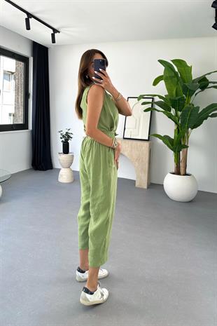 Mona Çağla Yeşili Beli Bağlamalı Bluz Pantolon Takım