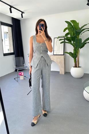 Lariss Gri Beli Bağlamalı Yelek Pantolon Takım