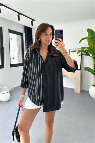 Asove Siyah Beyaz Çizgili Asimetrik Kesim Gömlek