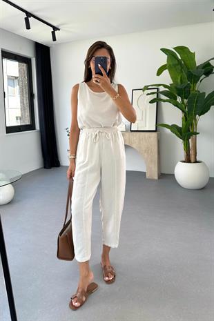 Tara Taş Beli Bağlamalı Bluz Pantolon Takım