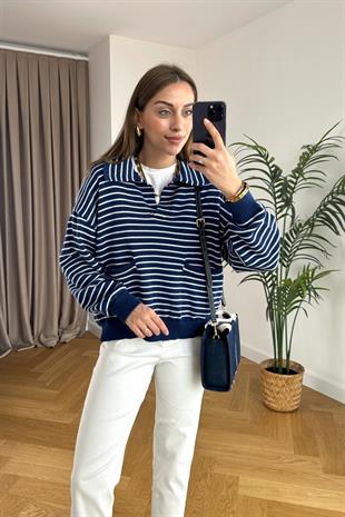 Navy Lacivert Beyaz Çizgili Polo Yaka Triko