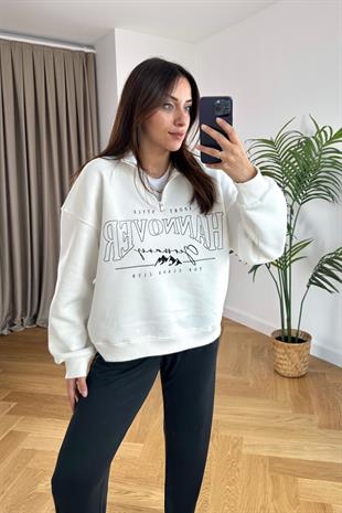 ZR Beyaz Yakası Fermuarlı Sweatshirt