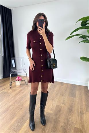 Yessa Bordo Gold Düğme Detaylı Triko Elbise