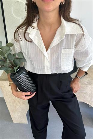 Rio Beyaz Kendinden Çizgili Gömlek