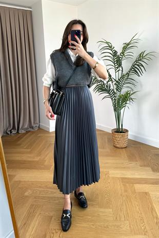 ZR Gri Maxi Pileli Etek