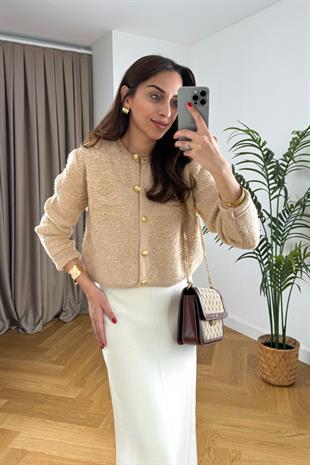 Soft Bej Düğme Detaylı Bisiklet Yaka Yumoş Hırka