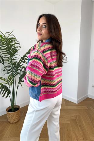 Triko Detaylı Denim Ceket