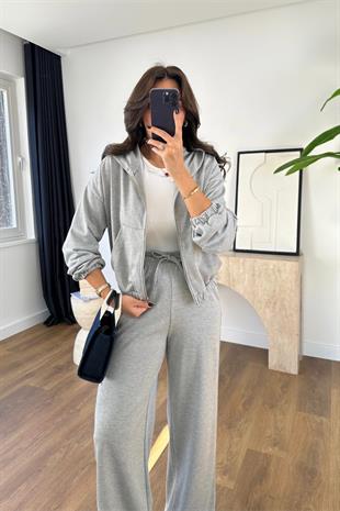 Bolse Gri Işıltılı Beli Bağlamalı Sweat Pantolon Takım