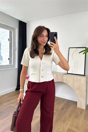 MD Pansoe Kırık Beyaz Düğme Detaylı Triko Hırka